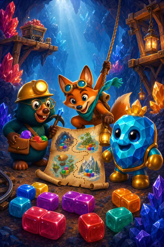 Upptäcktsräven Ember visar Pip och Rocco en karta över de fyra världarna.