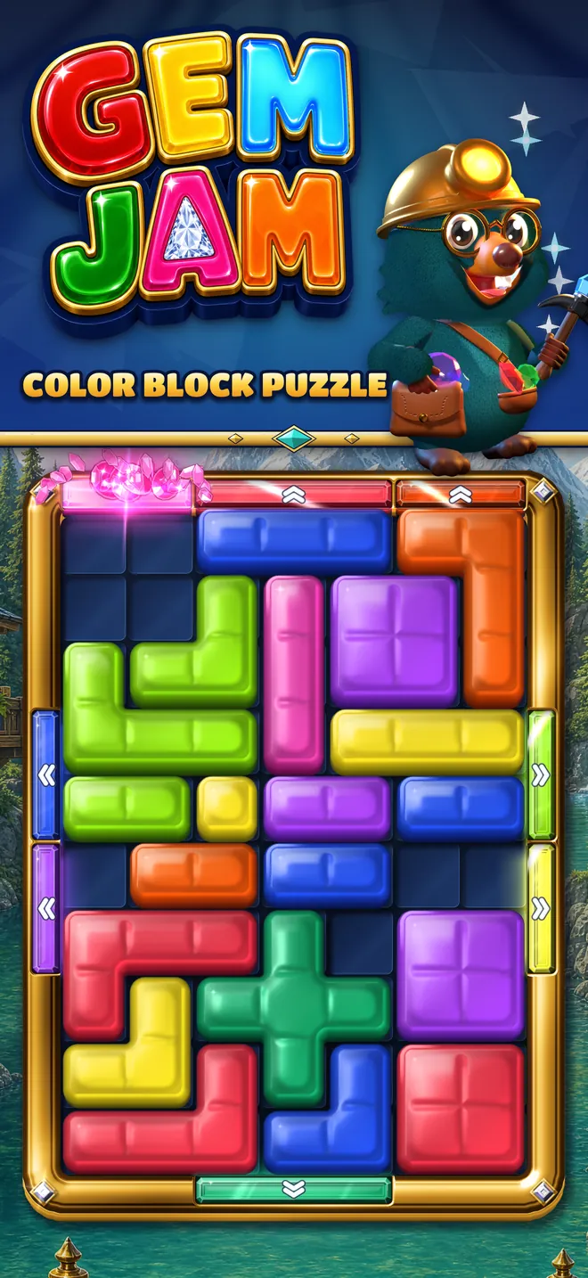 The Gem Jam logo above a full board of jelly gem blocks in a golden frame.
