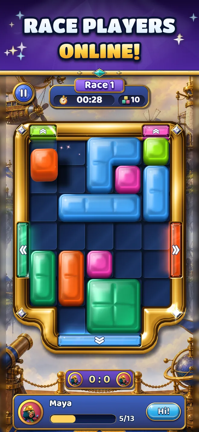 A Versus race against Maya: both players clear the same level from the same start.