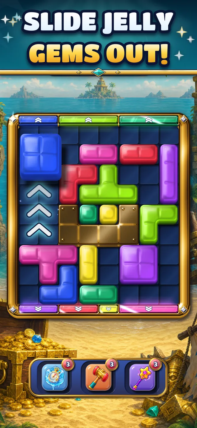 Jelly gem blocks sliding toward the gates of their colour on a Treasure Isles board.