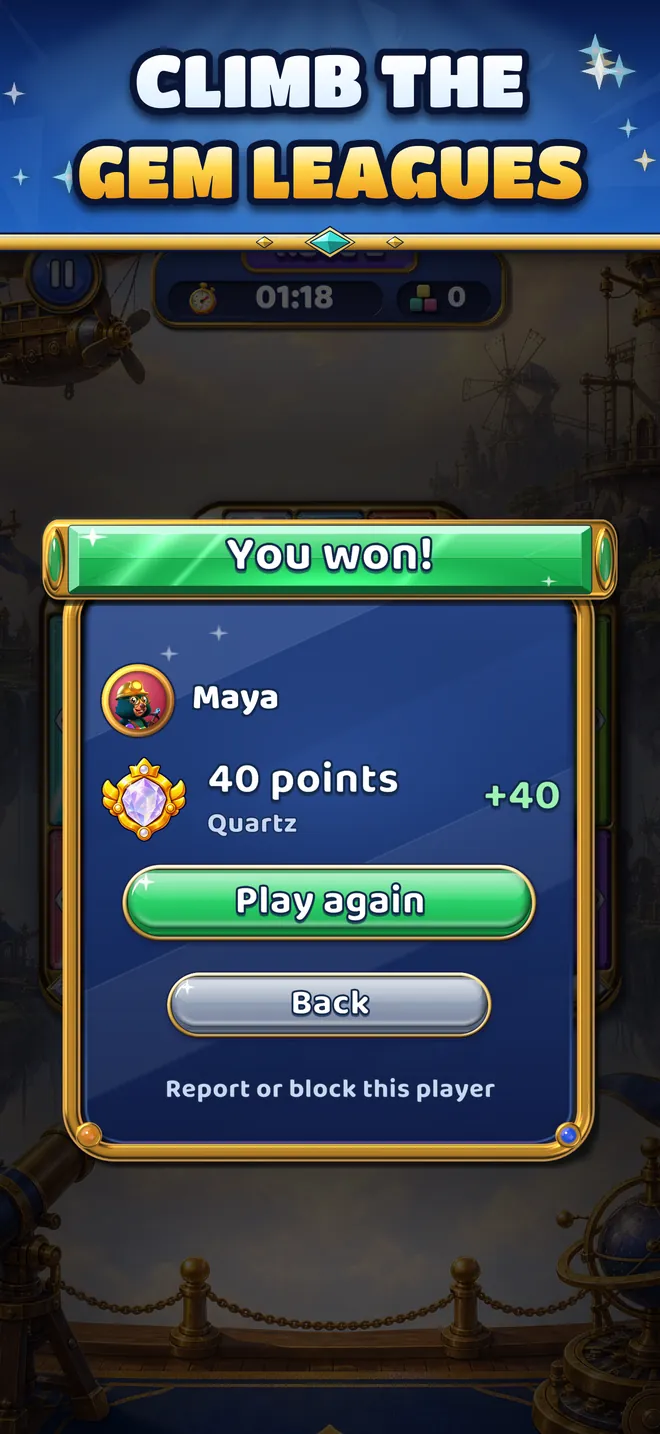 A Ranked win: You won! 40 points in the Quartz league.