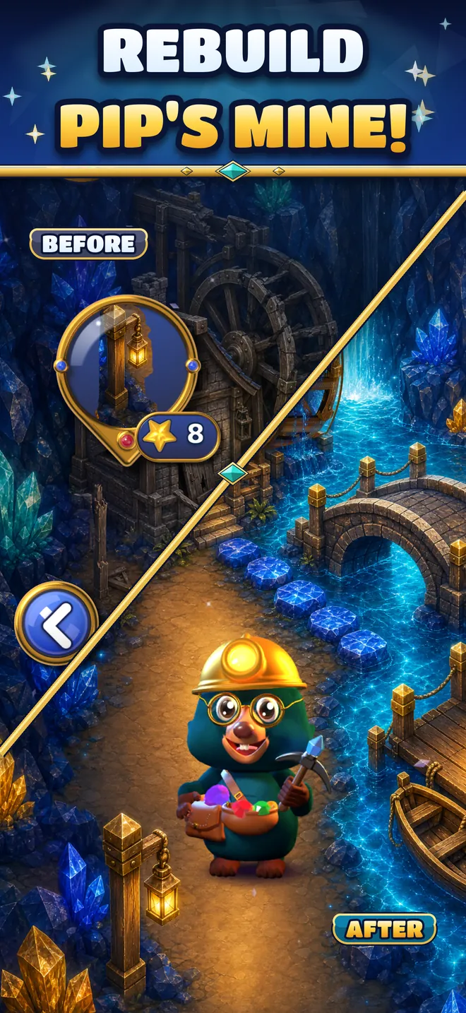Pip's Mine before and after: a dark tunnel and the same tunnel rebuilt.