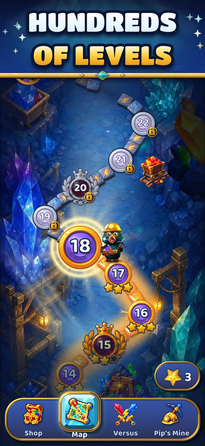 The level map with Pip on level 18 and the path winding through the Crystal Mines.
