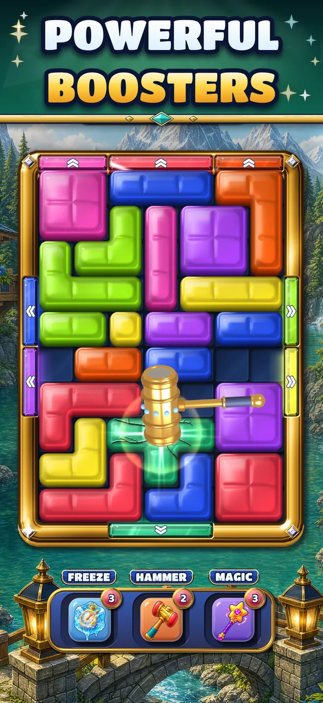 The Hammer booster about to smash a block, with Freeze, Hammer and Magic in the tray.