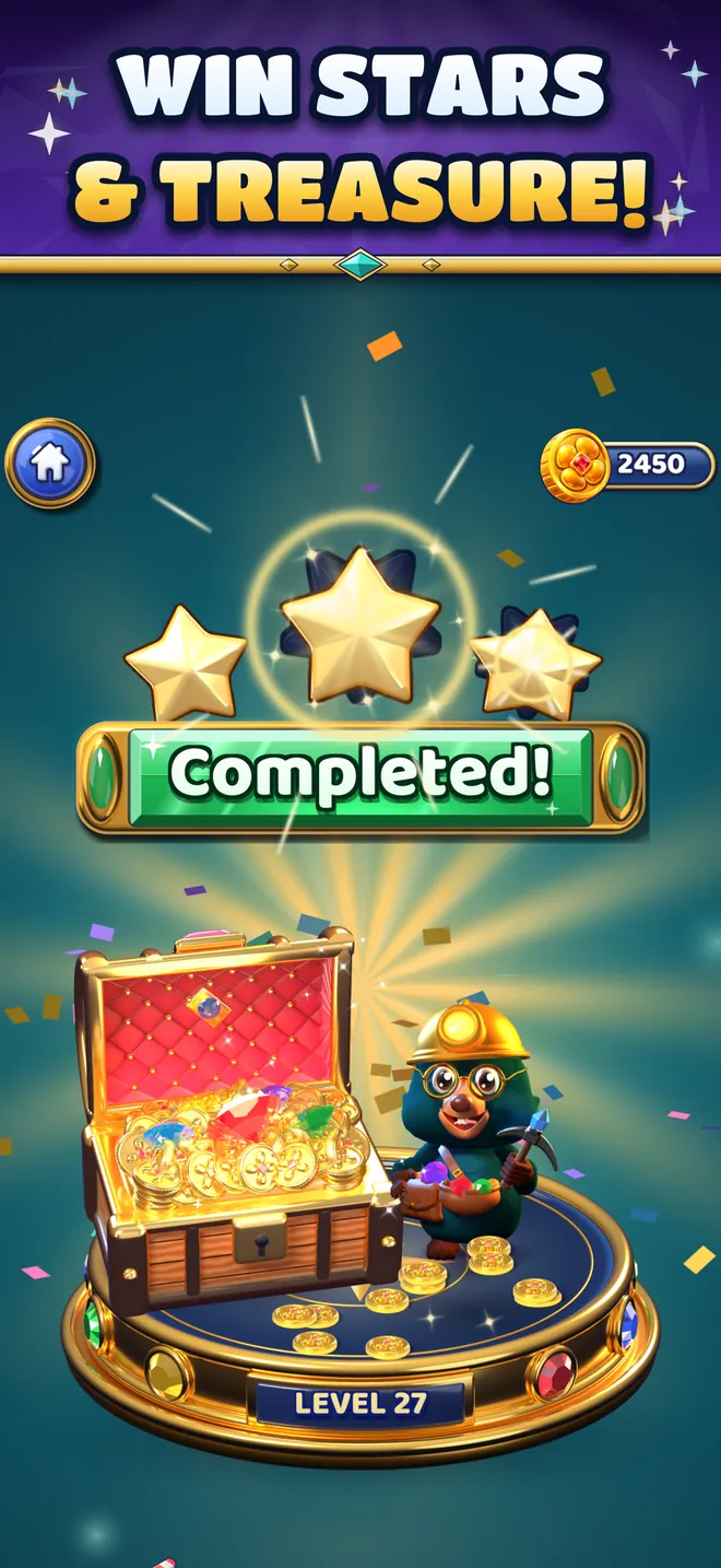 Level complete: three stars and a treasure chest full of coins.