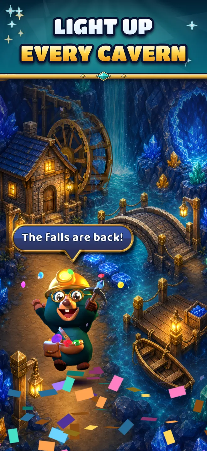 Pip in a lantern-lit cavern of the mine: The falls are back!