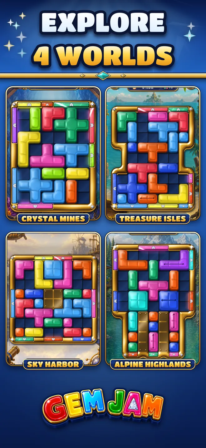 Boards from the four worlds: Crystal Mines, Treasure Isles, Sky Harbor and Alpine Highlands.