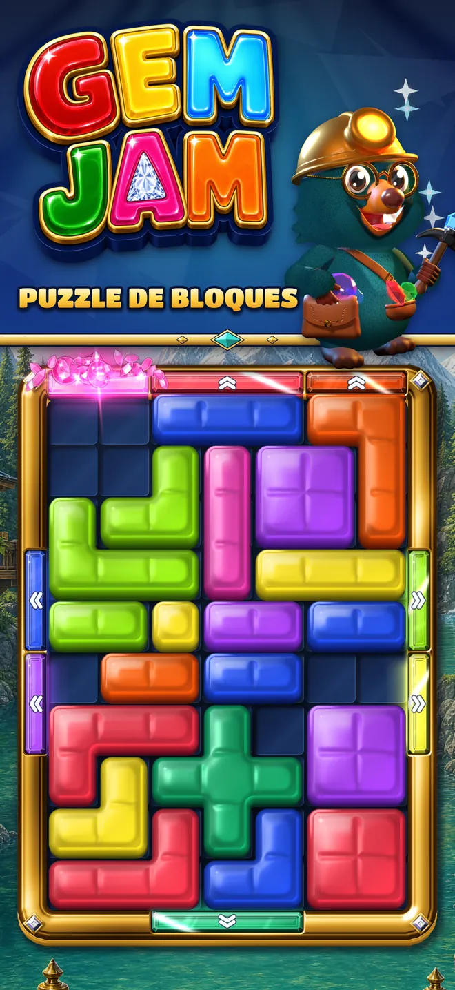 El logotipo de Gem Jam sobre un tablero lleno de bloques de gelatina con marco dorado.
