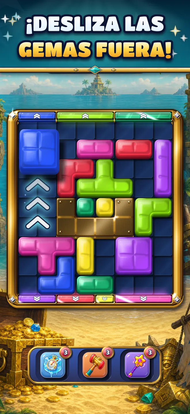 Bloques de gelatina que se deslizan hacia las puertas de su color en un tablero de las Islas del Tesoro.