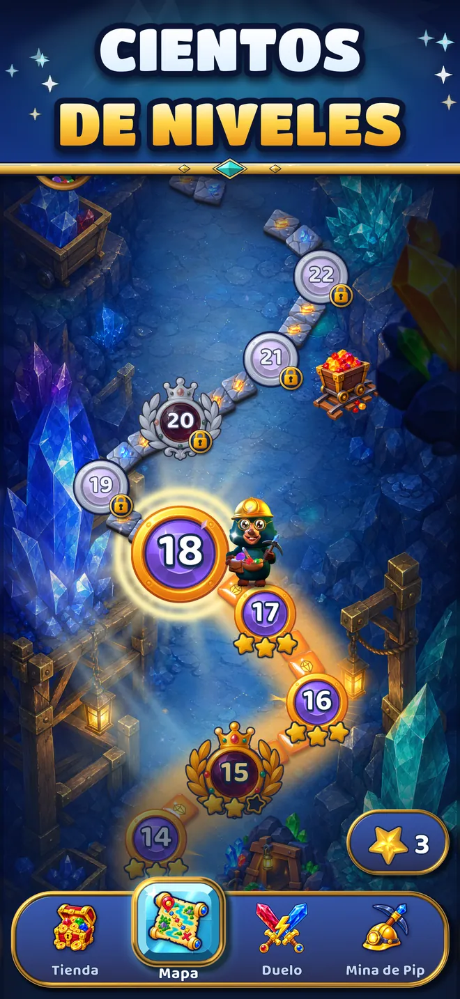 El mapa de niveles con Pip en el nivel 18 y el camino por las Minas de Cristal.