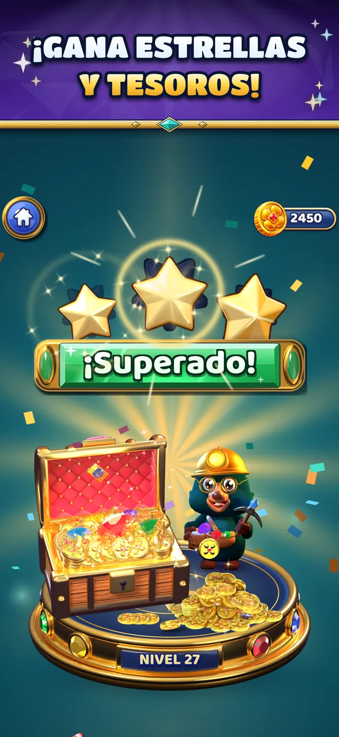Nivel superado: tres estrellas y un cofre del tesoro lleno de monedas.