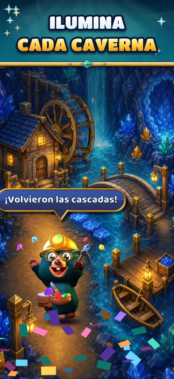 Pip en una caverna de la mina iluminada con faroles: ¡Volvieron las cascadas!