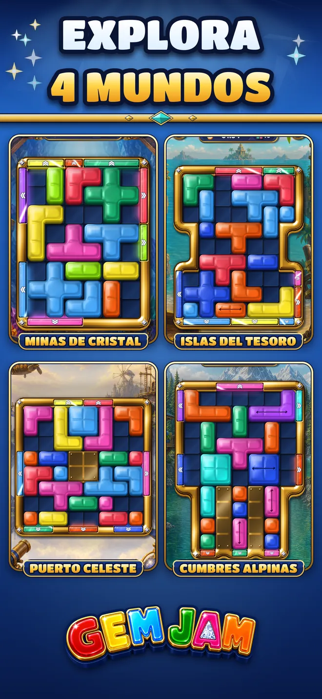 Tableros de los cuatro mundos: Minas de Cristal, Islas del Tesoro, Puerto Celeste y Cumbres Alpinas.