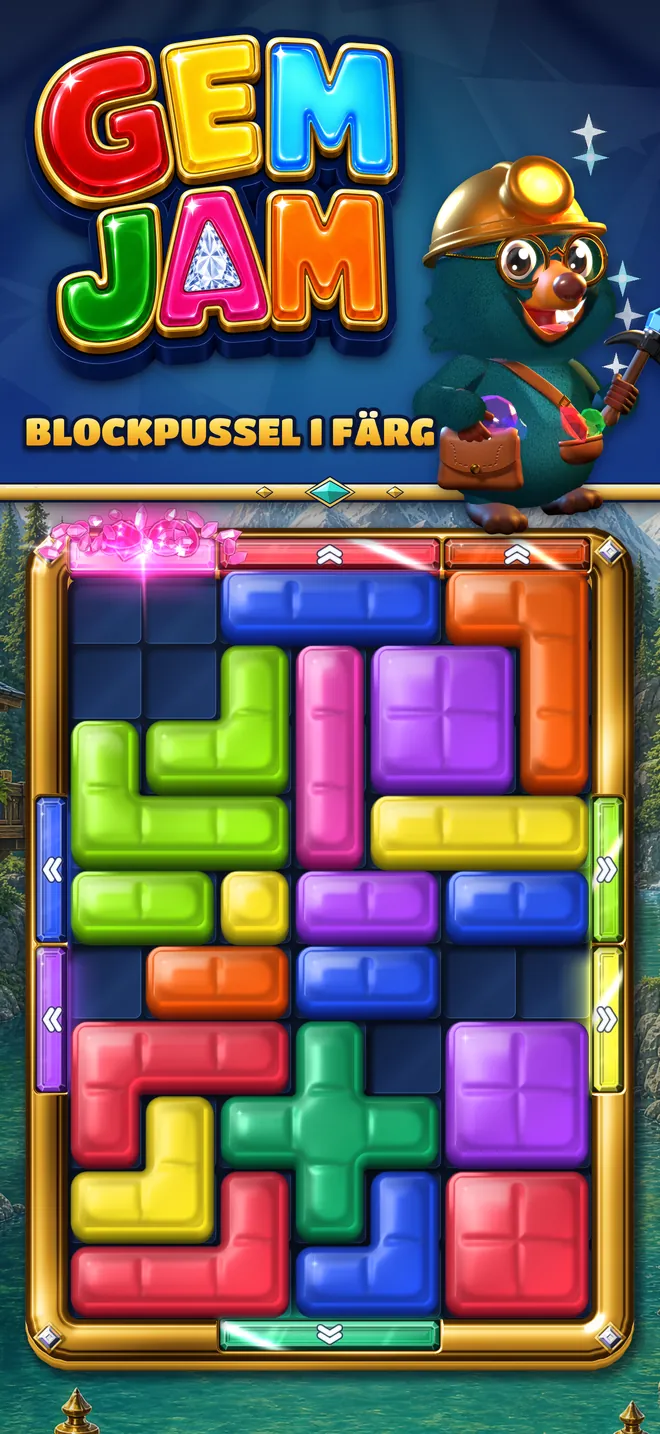 Gem Jams logotyp ovanför en full spelplan med geléblock i en gyllene ram.