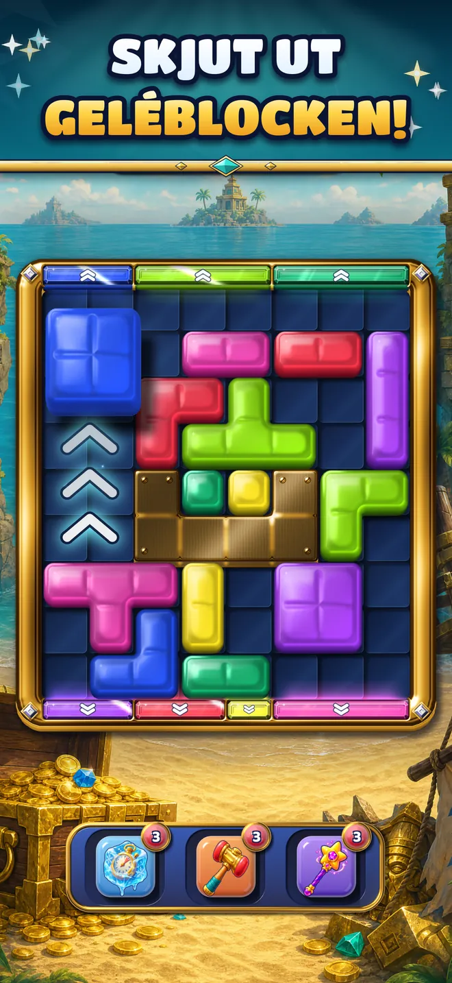 Geléblock som glider mot portarna i sin färg på en spelplan från Skattöarna.
