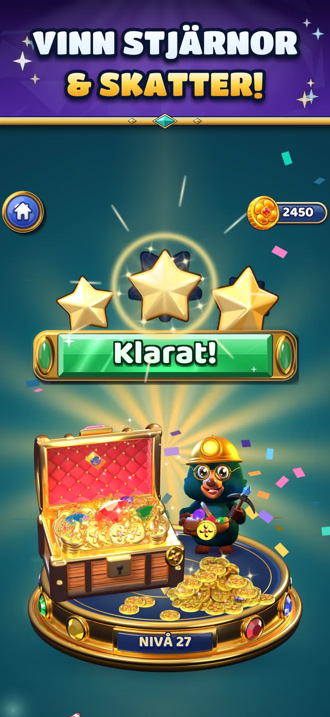 Klarad nivå: tre stjärnor och en skattkista full av mynt.