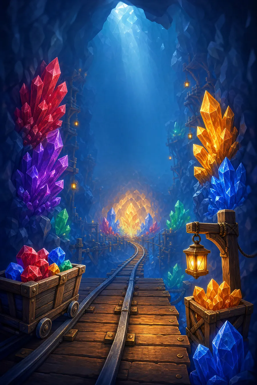 The glowing Crystal Mines, with lanterns, crystals and a mine-cart track.