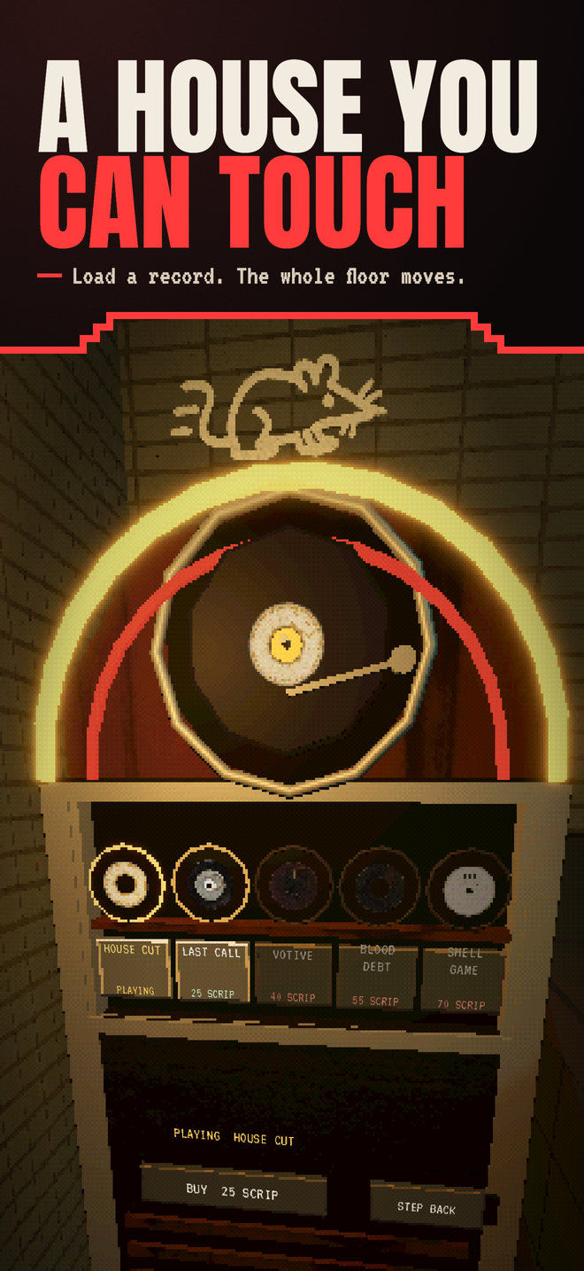 A house you can touch. Load a record. The whole floor moves. The bathroom jukebox under a neon rat sign, with a rack of five records priced in Scrip.