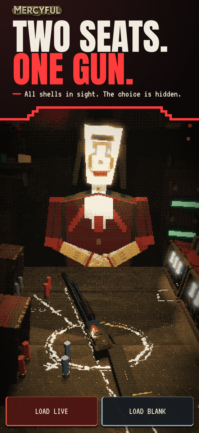 Two seats. One gun. All shells in sight. The choice is hidden. A pale-faced Confessor waits across the table, the shotgun and shells laid out between you, with the choice to load live or load blank.